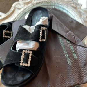 Black suede sandal with pave silver buckles   Never worn